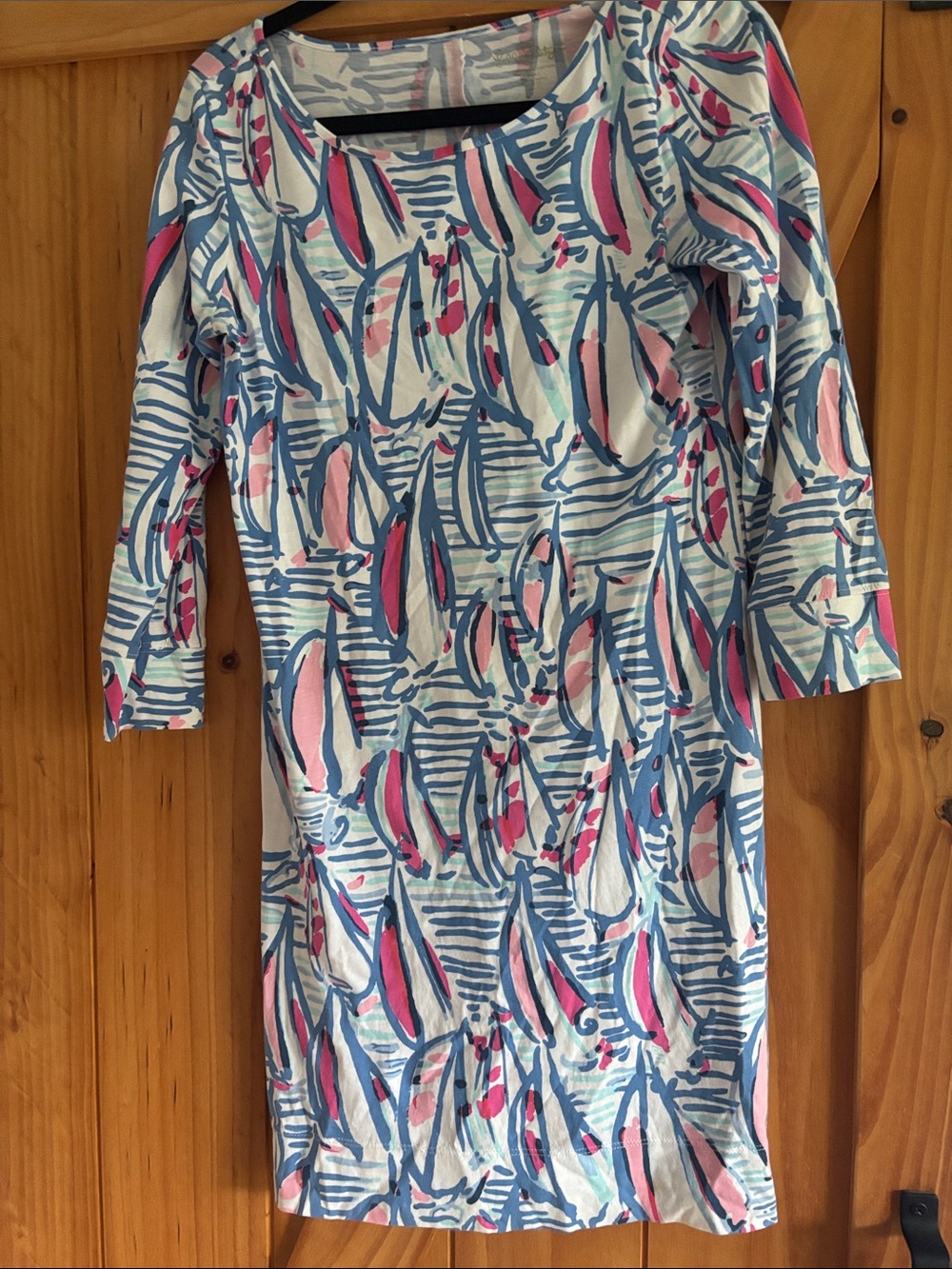 Women's Blue and Pink Printed Boatneck Dress